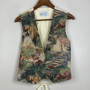 Vintage Tapestry Vest Womens Small Cream Blue Victorian Picnic Boat Romantic 90s